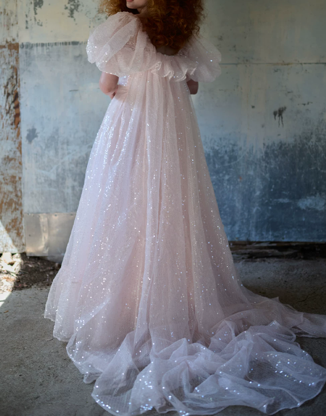 Sweet Spaghetti Strap Prom Dress With Short Sleeve Train Pink Sequins A-Line Evening Dress D0623