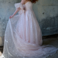 Sweet Spaghetti Strap Prom Dress With Short Sleeve Train Pink Sequins A-Line Evening Dress D0623
