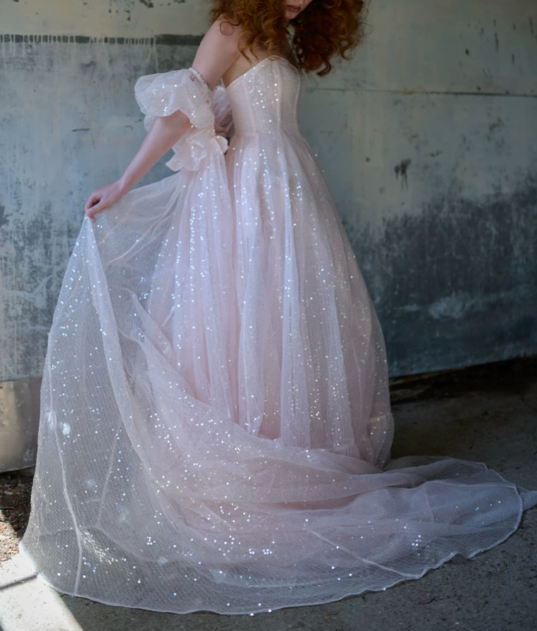 Sweet Spaghetti Strap Prom Dress With Short Sleeve Train Pink Sequins A-Line Evening Dress D0623