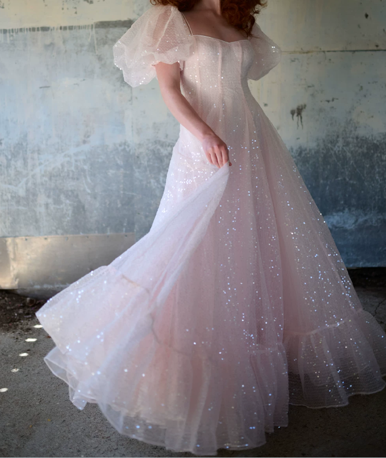 Sweet Spaghetti Strap Prom Dress With Short Sleeve Train Pink Sequins A-Line Evening Dress D0623