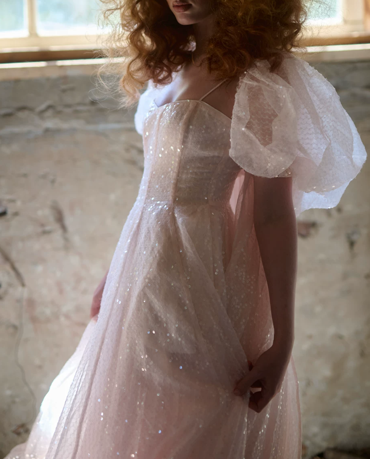 Sweet Spaghetti Strap Prom Dress With Short Sleeve Train Pink Sequins A-Line Evening Dress D0623