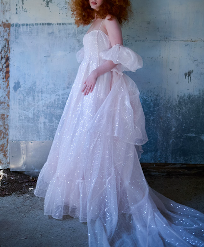 Sweet Spaghetti Strap Prom Dress With Short Sleeve Train Pink Sequins A-Line Evening Dress D0623