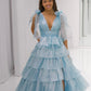 Shiny V Neck Ruffles Prom Dress Slit Tiered A-Line Evening Dress D0626