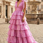 Shiny V Neck Ruffles Prom Dress Slit Tiered A-Line Evening Dress D0626