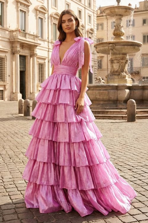 Shiny V Neck Ruffles Prom Dress Slit Tiered A-Line Evening Dress D0626