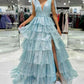 Shiny V Neck Ruffles Prom Dress Slit Tiered A-Line Evening Dress D0626