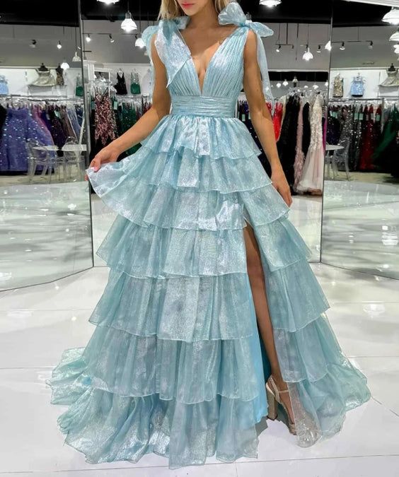 Shiny V Neck Ruffles Prom Dress Slit Tiered A-Line Evening Dress D0626