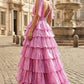 Shiny V Neck Ruffles Prom Dress Slit Tiered A-Line Evening Dress D0626