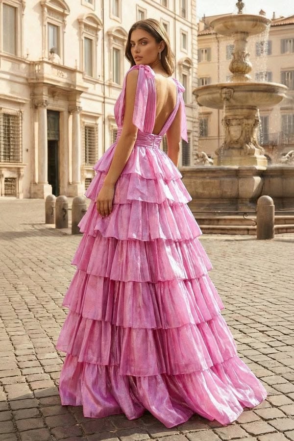 Shiny V Neck Ruffles Prom Dress Slit Tiered A-Line Evening Dress D0626