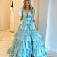 Shiny V Neck Ruffles Prom Dress Slit Tiered A-Line Evening Dress D0626