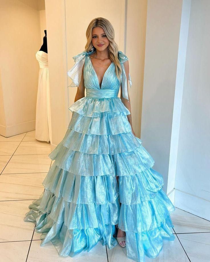 Shiny V Neck Ruffles Prom Dress Slit Tiered A-Line Evening Dress D0626