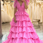 Shiny V Neck Ruffles Prom Dress Slit Tiered A-Line Evening Dress D0626