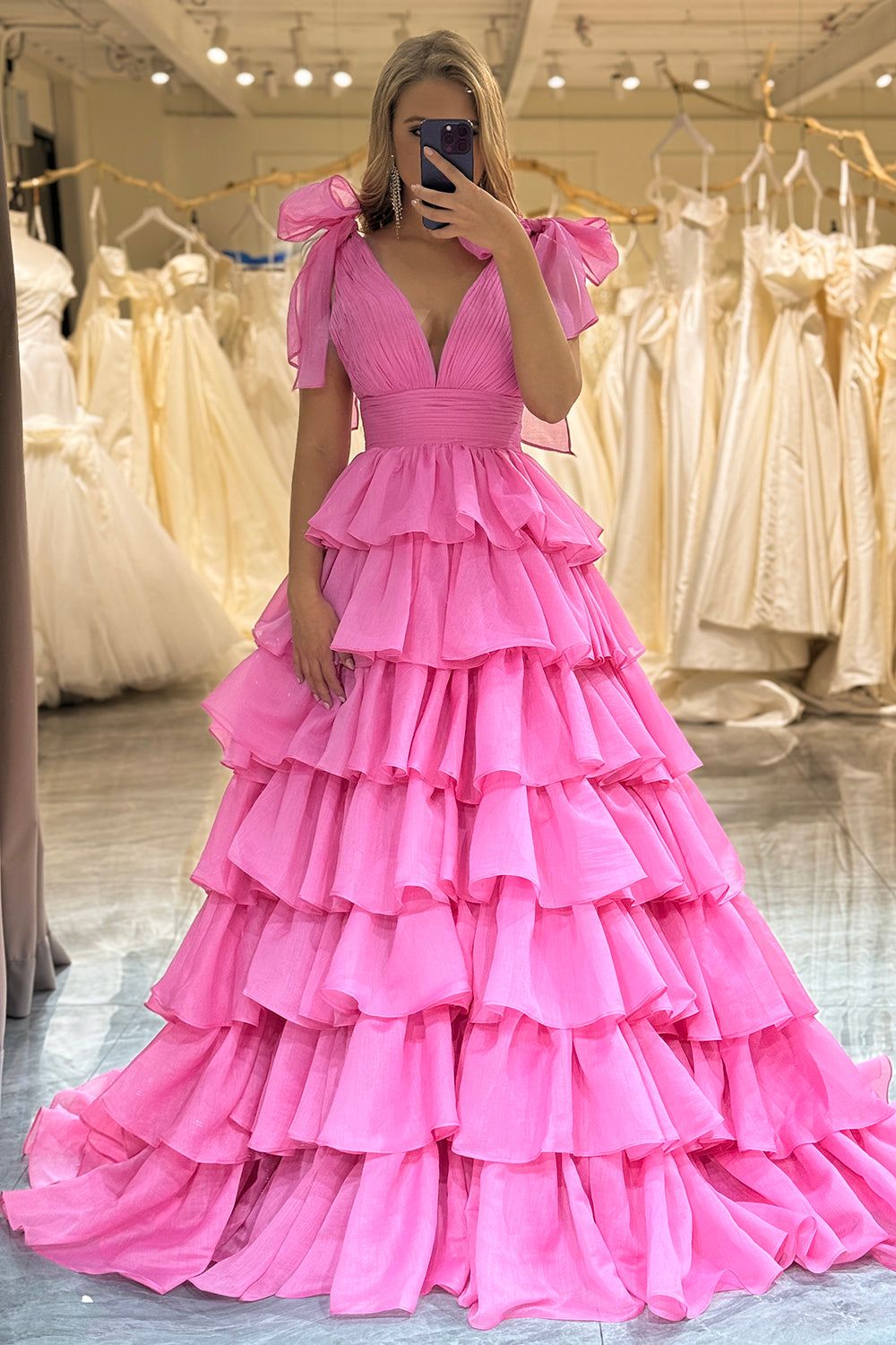 Shiny V Neck Ruffles Prom Dress Slit Tiered A-Line Evening Dress D0626