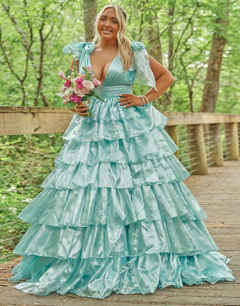 Shiny V Neck Ruffles Prom Dress Slit Tiered A-Line Evening Dress D0626