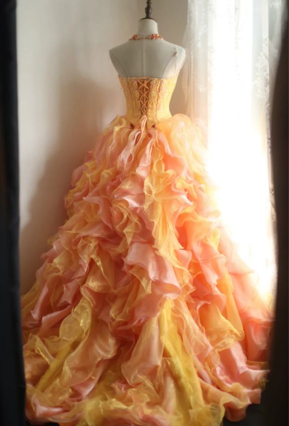 Alluring Strapless Ruffles Prom Dress Orange Beading A-Line Evening Dress D0642