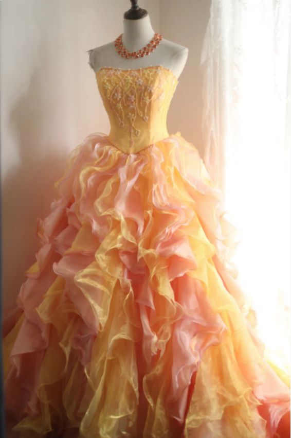 Alluring Strapless Ruffles Prom Dress Orange Beading A-Line Evening Dress D0642