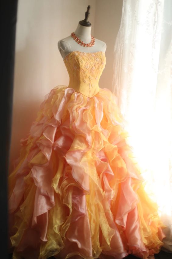 Alluring Strapless Ruffles Prom Dress Orange Beading A-Line Evening Dress D0642