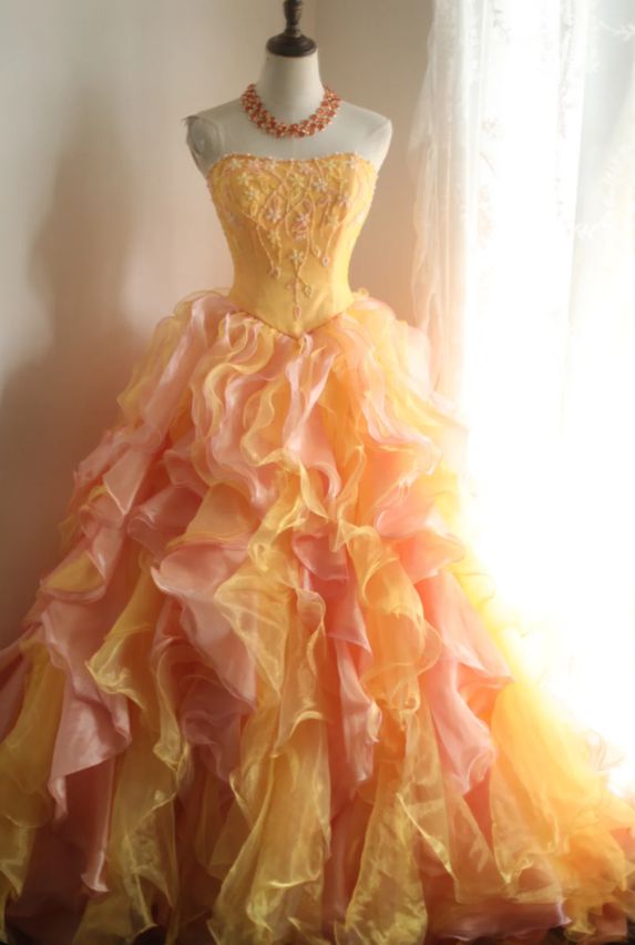 Alluring Strapless Ruffles Prom Dress Orange Beading A-Line Evening Dress D0642