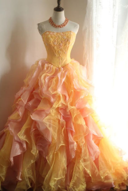 Alluring Strapless Ruffles Prom Dress Orange Beading A-Line Evening Dress D0642