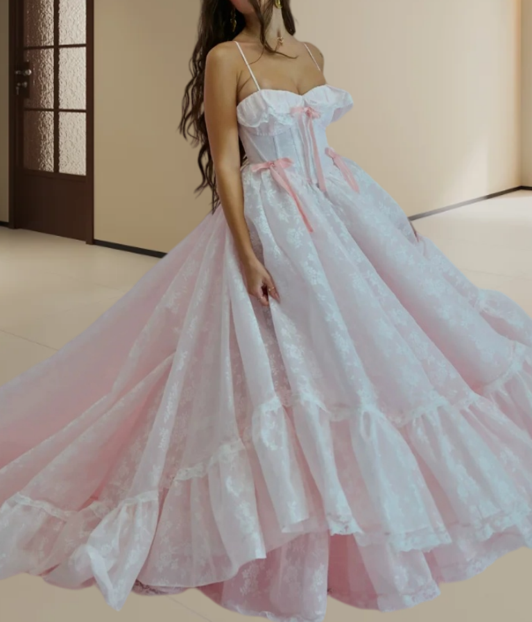 Robe de bal de princesse bustier à volants en satin long, robe de soirée C8117