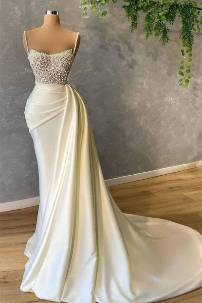 Sexy Mermaid Straps Long Ivory Beads Prom Dresses D064