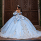 Ornate Appliques Ball Gown Blue Tulle Quinceanera Dresses Off The Shoulder Sweet 16 Dresses D0660