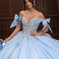 Ornate Appliques Ball Gown Blue Tulle Quinceanera Dresses Off The Shoulder Sweet 16 Dresses D0660