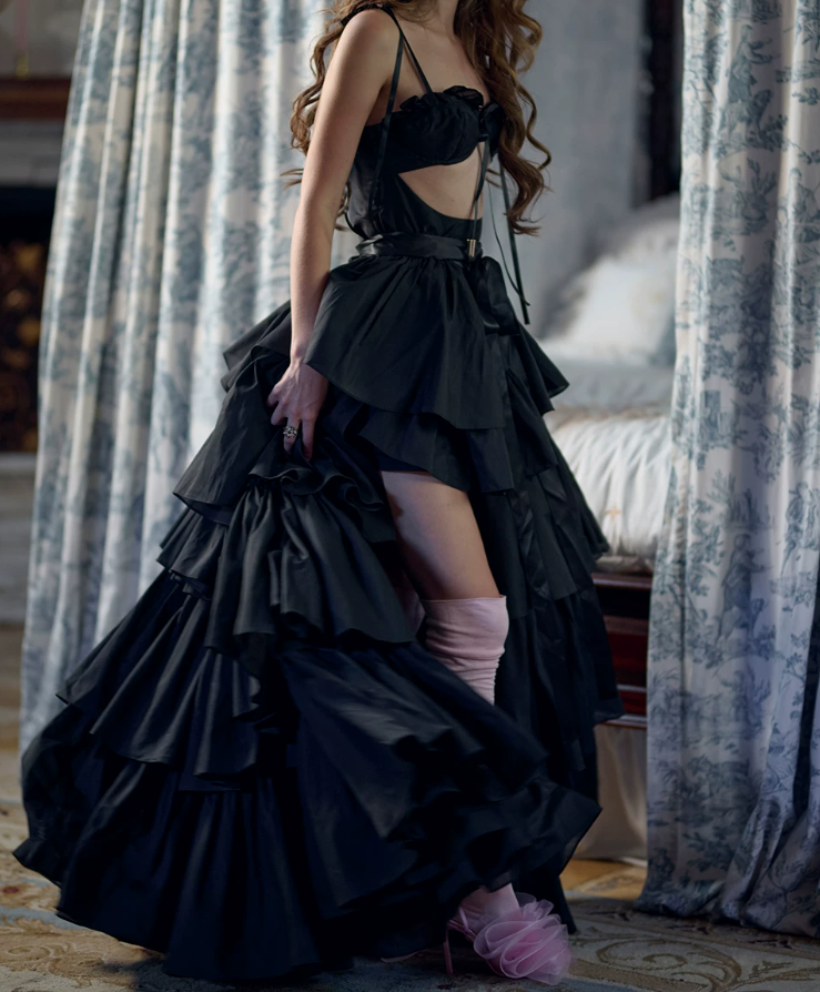Robe de bal de princesse bustier à volants en satin long, robe de soirée C8117