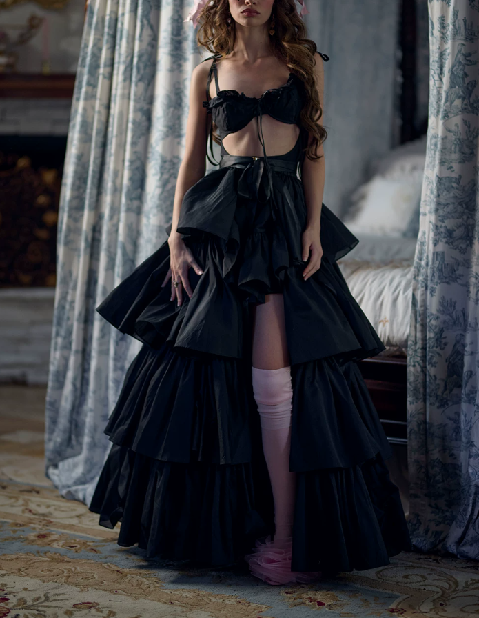 Robe de bal de princesse bustier à volants en satin long, robe de soirée C8117