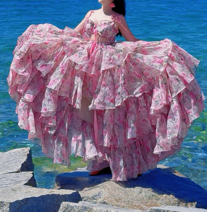 Robe de bal de princesse bustier à volants en satin long, robe de soirée C8117