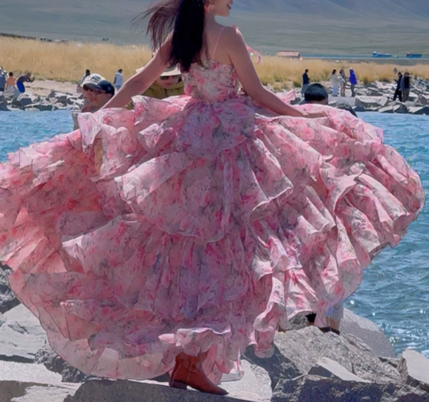 Robe de bal de princesse bustier à volants en satin long, robe de soirée C8117