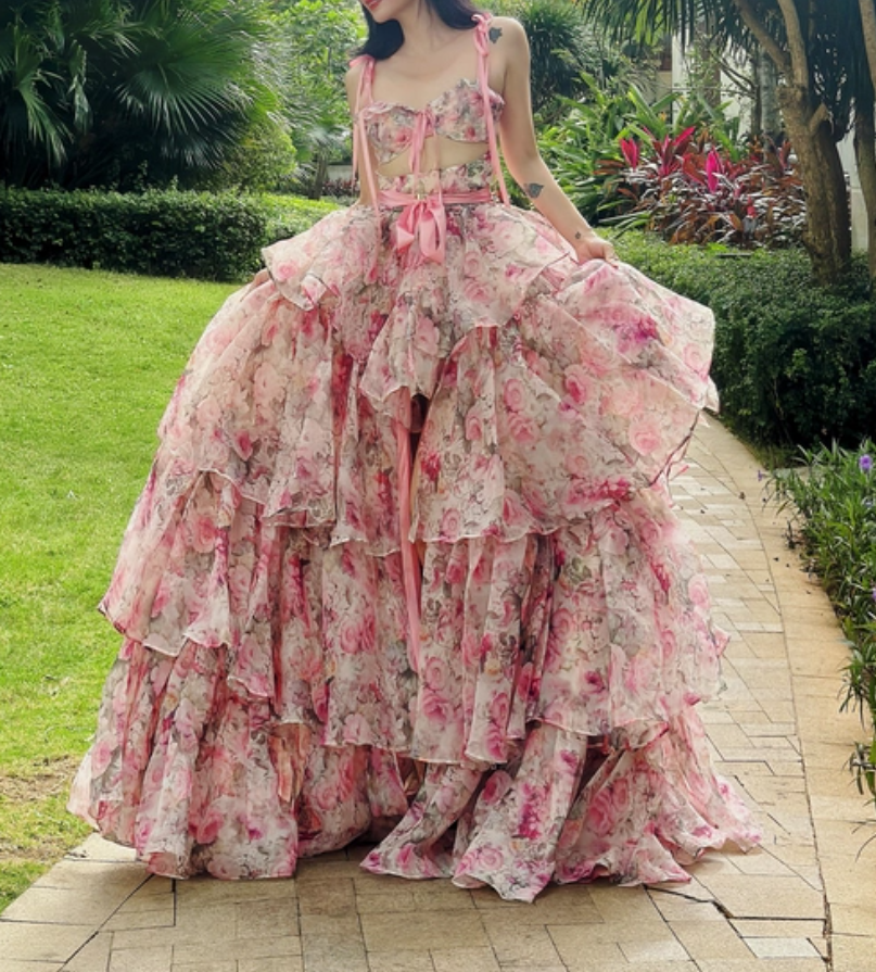 Robe de bal de princesse bustier à volants en satin long, robe de soirée C8117