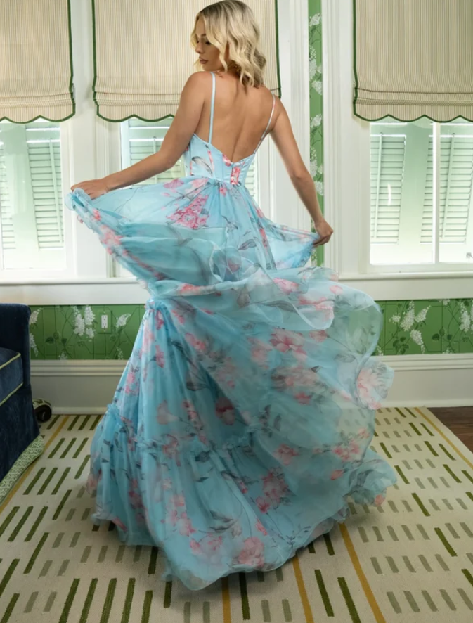 Vintage Spaghetti Straps Ruffles Prom Dress Floral Long A-Line Evening Dress D0676