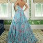 Vintage Spaghetti Straps Ruffles Prom Dress Floral Long A-Line Evening Dress D0676