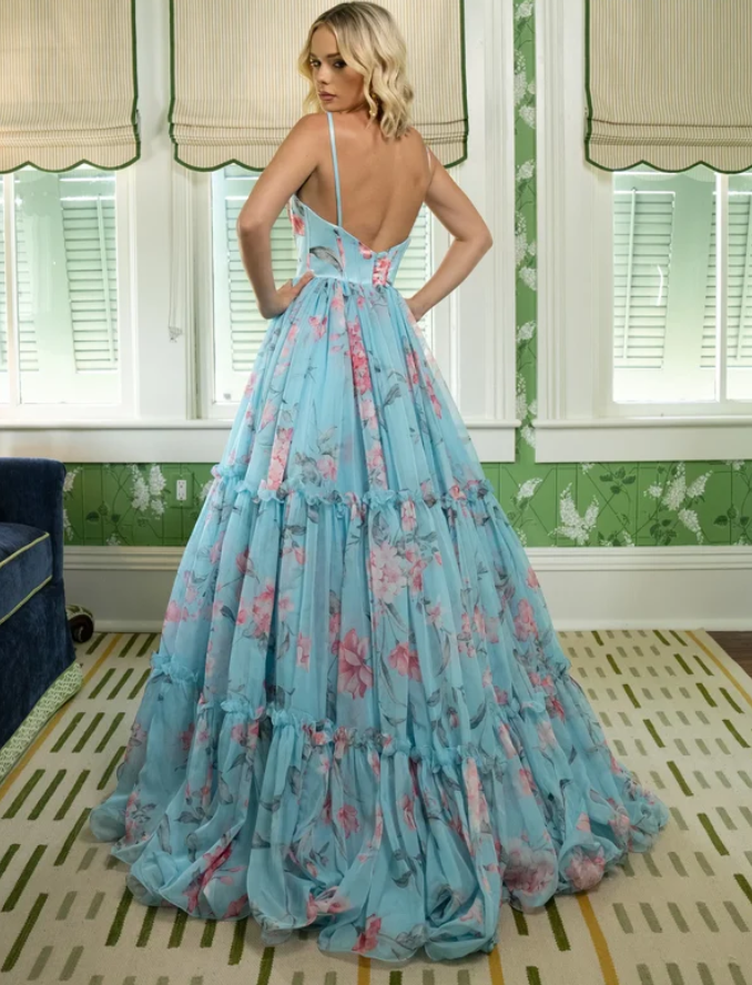 Vintage Spaghetti Straps Ruffles Prom Dress Floral Long A-Line Evening Dress D0676