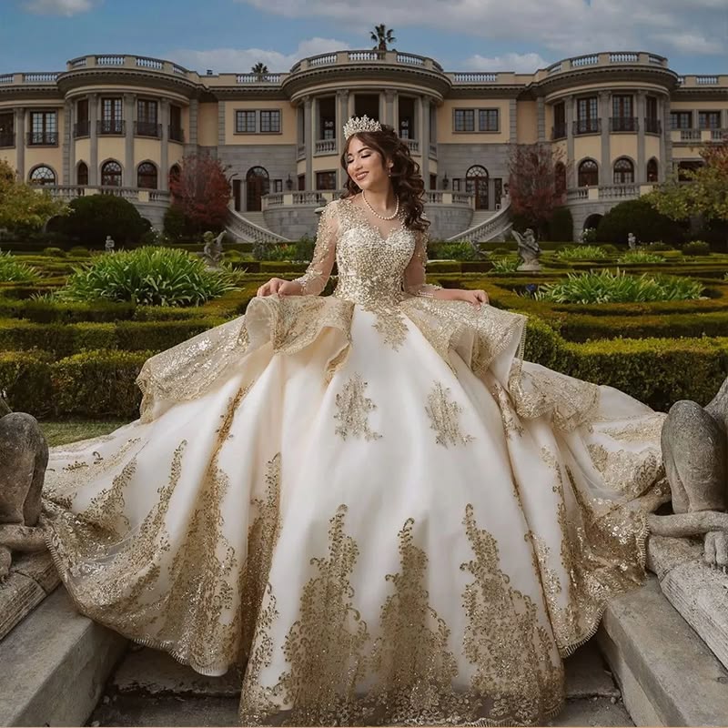 Classical V Neck Ball Gown Ruffles Sequins Quinceanera Dresses Long Sleeve Sweet 16 Dresses D0677
