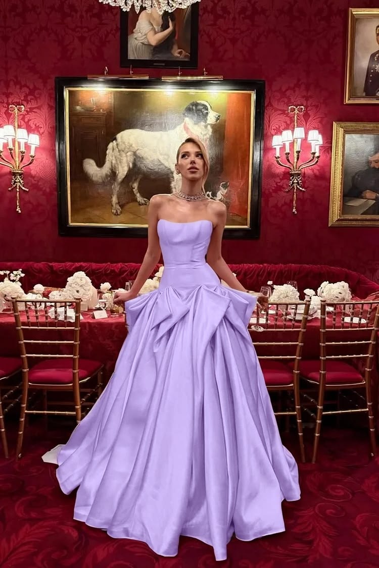 Alluring Strapless Prom Dress Ruched Satin Long A-Line Evening Dress D0679