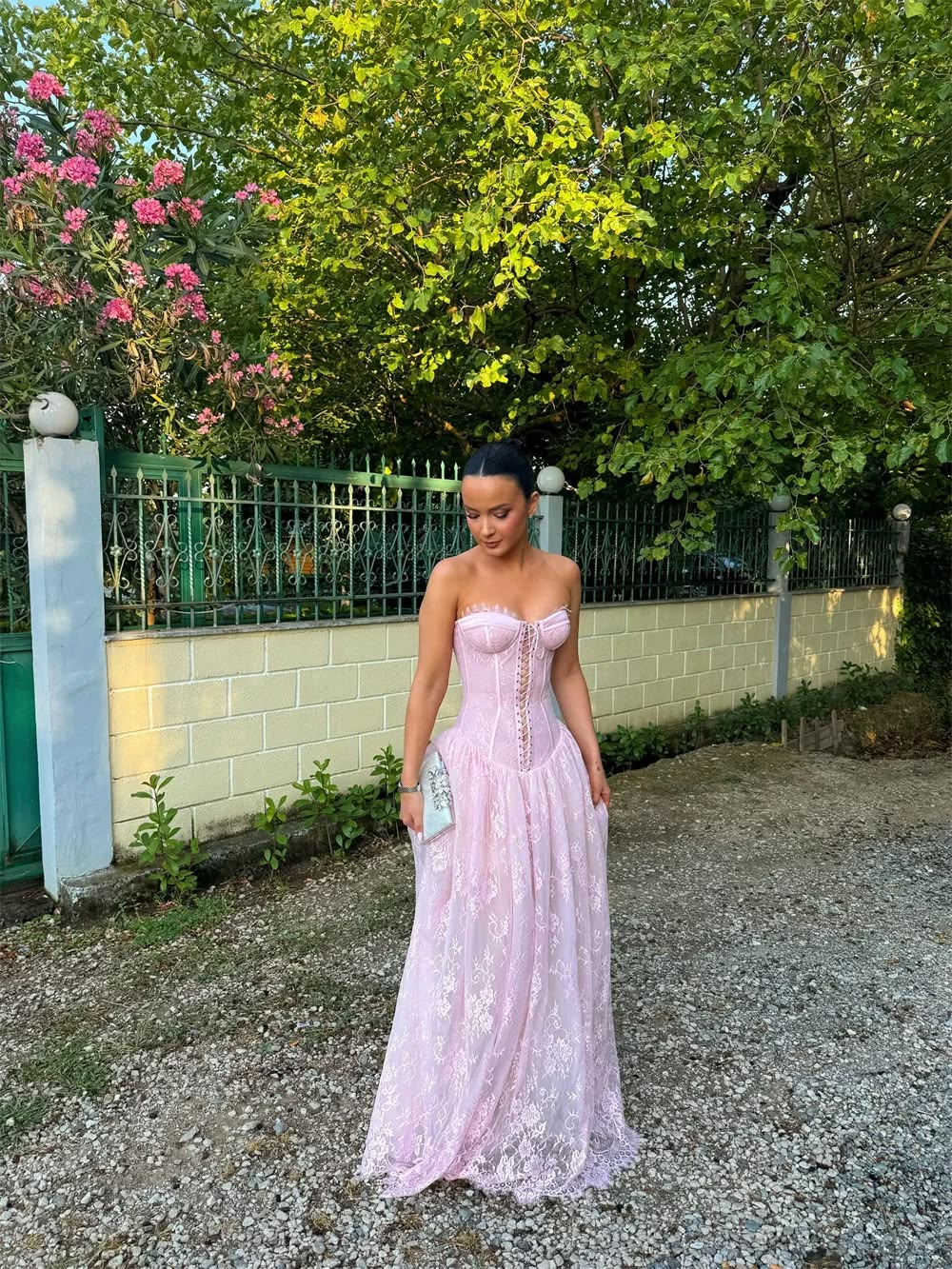 Romantic Strapless Pink Prom Dress Lace Long A-Line Evening Dress D0681