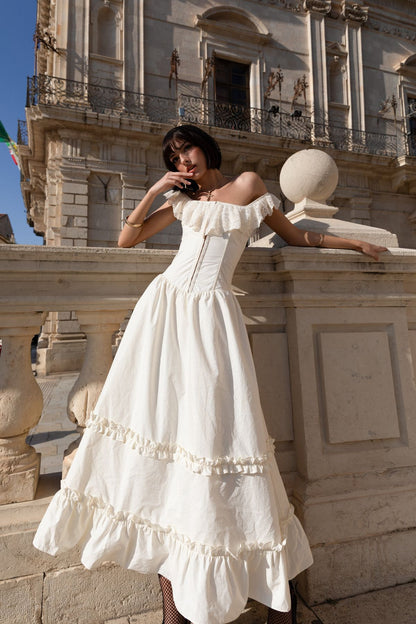 Romantic Off The Shoulder Prom Dress Long White Ruffles A-Line Evening Dress D0683