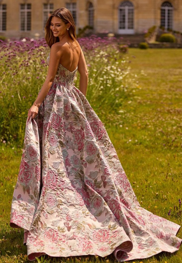 Retro Strapless Red Prom Dress Floral Slit Long A-Line Evening Dress D0686