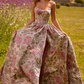 Retro Strapless Red Prom Dress Floral Slit Long A-Line Evening Dress D0686