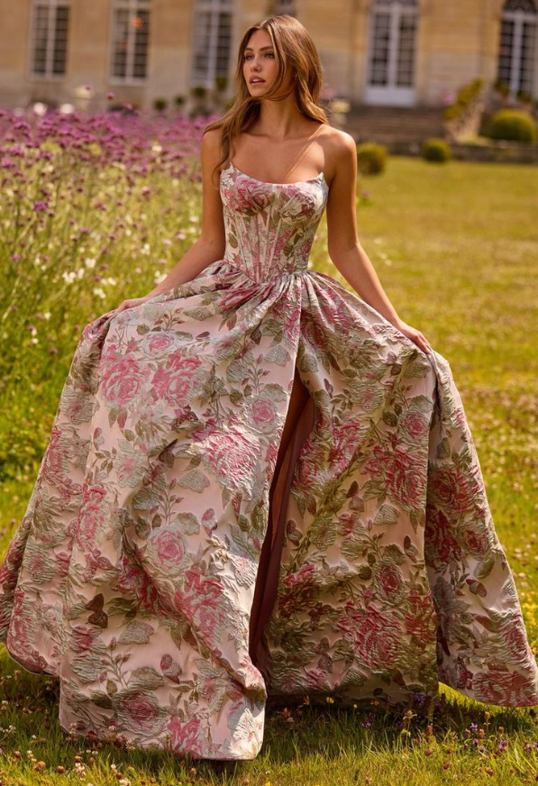 Retro Strapless Red Prom Dress Floral Slit Long A-Line Evening Dress D0686