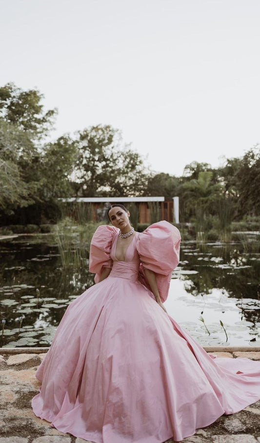 Attractive V Neck Ball Gown Pink Quinceanera Dresses Short Sleeve Sweet 16 Dresses D0687