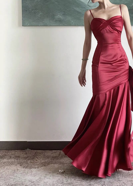 Vintage Sheath Straps Burgundy Satin Long Prom Dresses D068