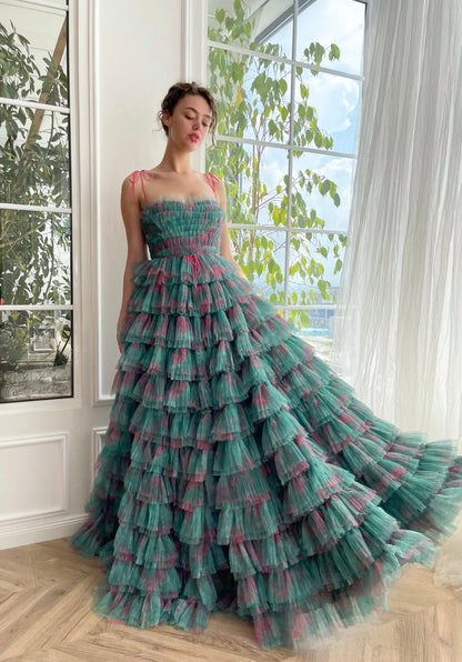 Attractive Spaghetti Straps Floral Prom Dress Long Green Tiered A-Line Evening Dress D0690