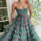 Attractive Spaghetti Straps Floral Prom Dress Long Green Tiered A-Line Evening Dress D0690