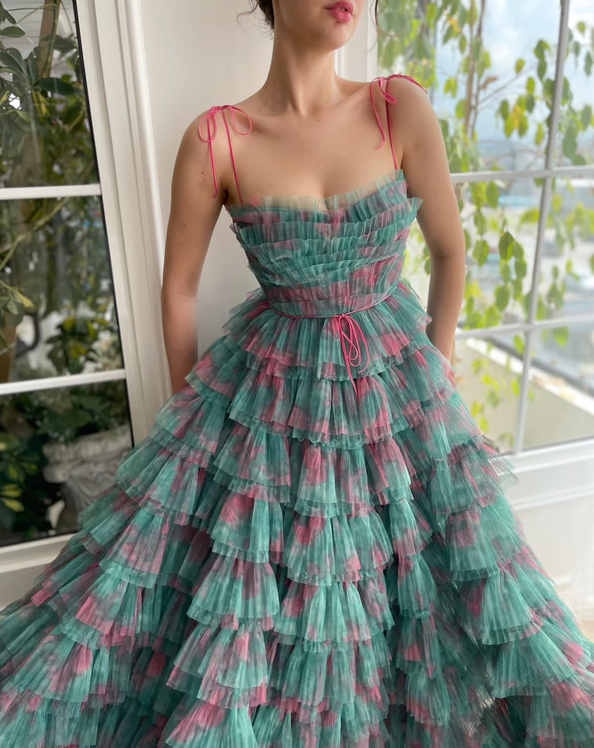 Attractive Spaghetti Straps Floral Prom Dress Long Green Tiered A-Line Evening Dress D0690