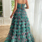 Attractive Spaghetti Straps Floral Prom Dress Long Green Tiered A-Line Evening Dress D0690