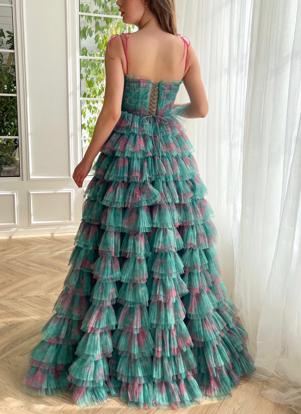 Attractive Spaghetti Straps Floral Prom Dress Long Green Tiered A-Line Evening Dress D0690