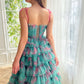 Attractive Spaghetti Straps Floral Prom Dress Long Green Tiered A-Line Evening Dress D0690